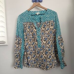 Sundance Small Explorer Mixed Floral Blouse Peasant Boho Relaxed Blue Beige